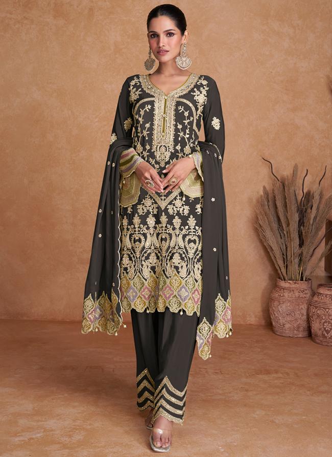 Real Chinnon Black Wedding Wear Embroidery Work Readymade Salwar Suit